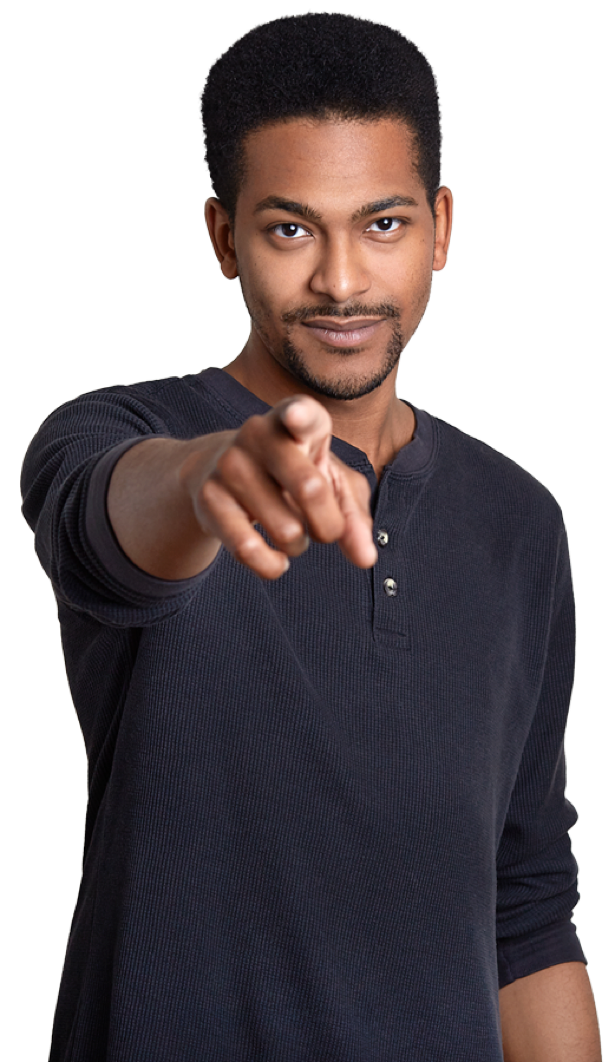 An enthusiastic Ethiopian actor, smiling and gesturing towards the website visitors' screen, inviting businesses and individuals to experience the company's professional web design and development services.