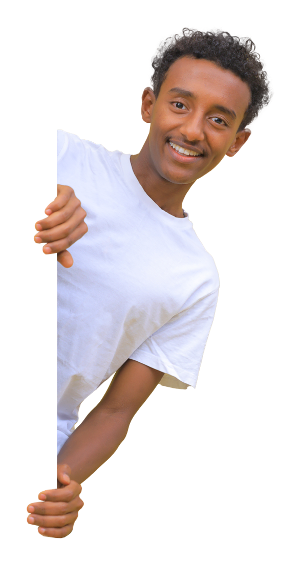 An enthusiastic Ethiopian actor, smiling and gesturing towards a laptop screen displaying a WubSites banner, inviting businesses and individuals to experience the company's professional web design and development services.